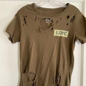 Army green ripped up T-shirt
